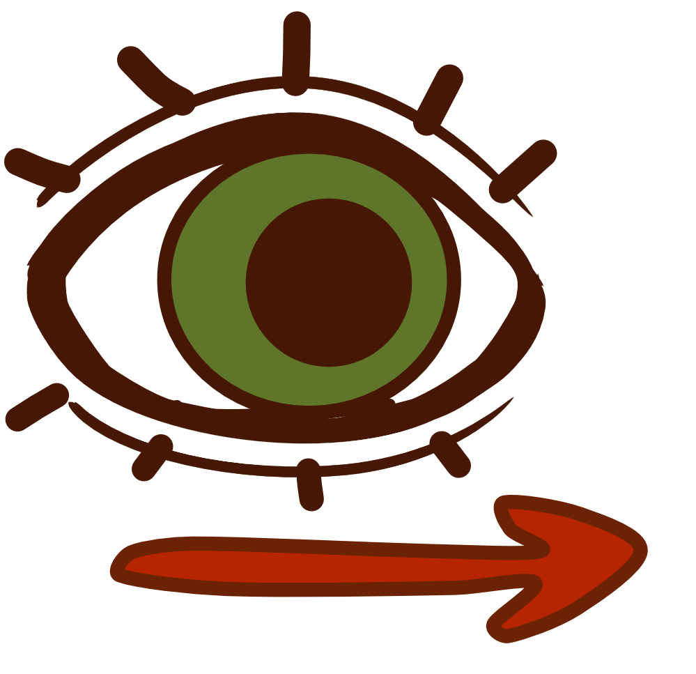 a green eye with a brownish red arrow below it pointing to the right. The iris takes up the whole eye and is looking slightly right